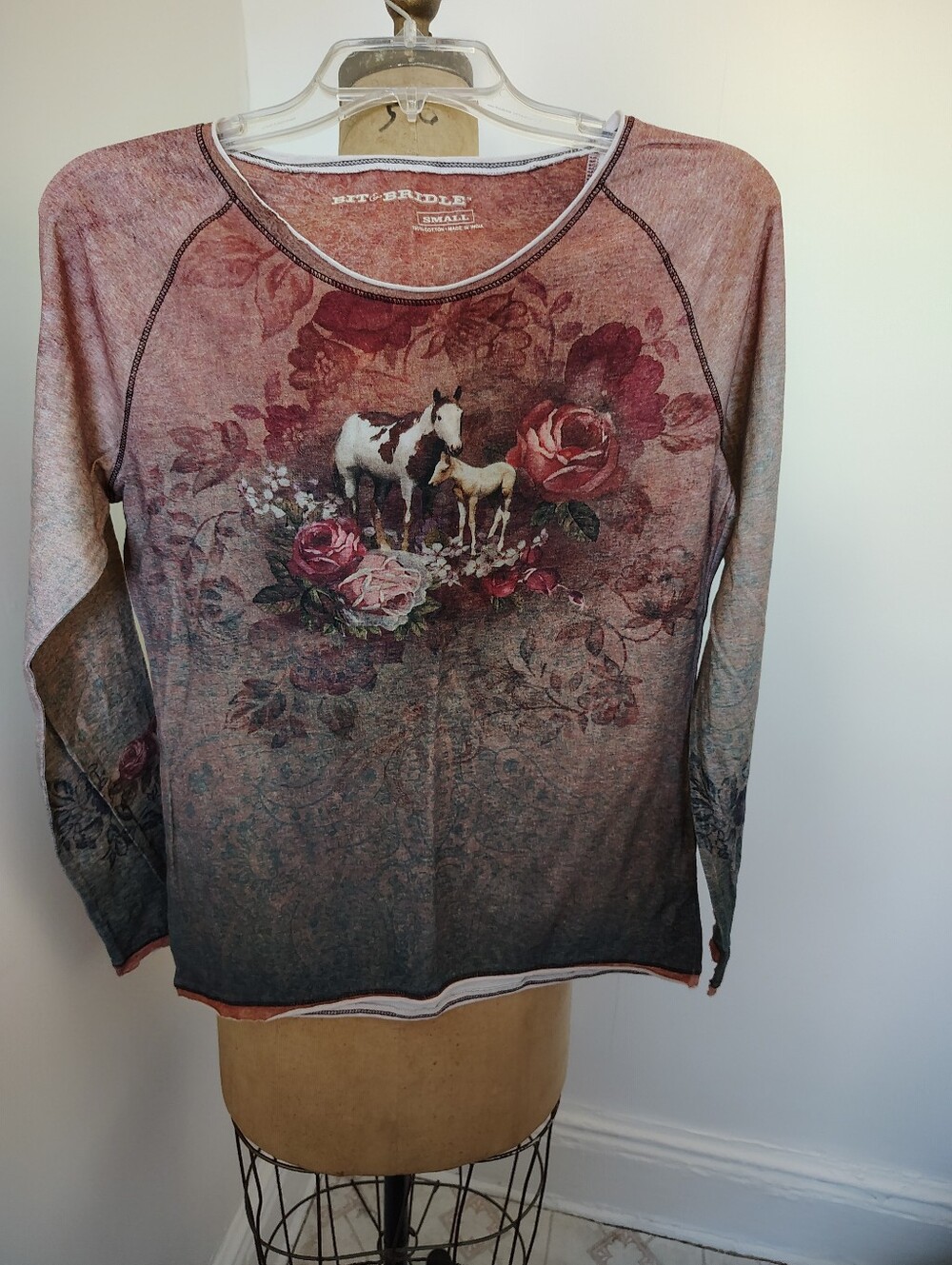Bit & Bridle Dusty Rose Floral & Horse Long Sleeve Top
